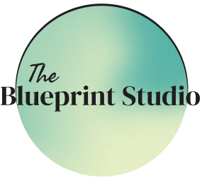 The Blueprint Studio logo. Gradient colour circle with text.